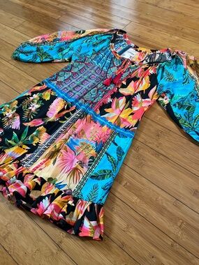 LULALIFE Tropical Resort Jungle Bird Patchwork Mini Dress with Ruffle